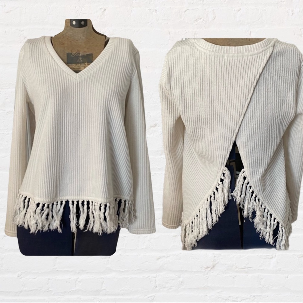 Shilla Cream Ivory Crisscross Open Back Long Sleeve Ribbed V-neck Sweater Top